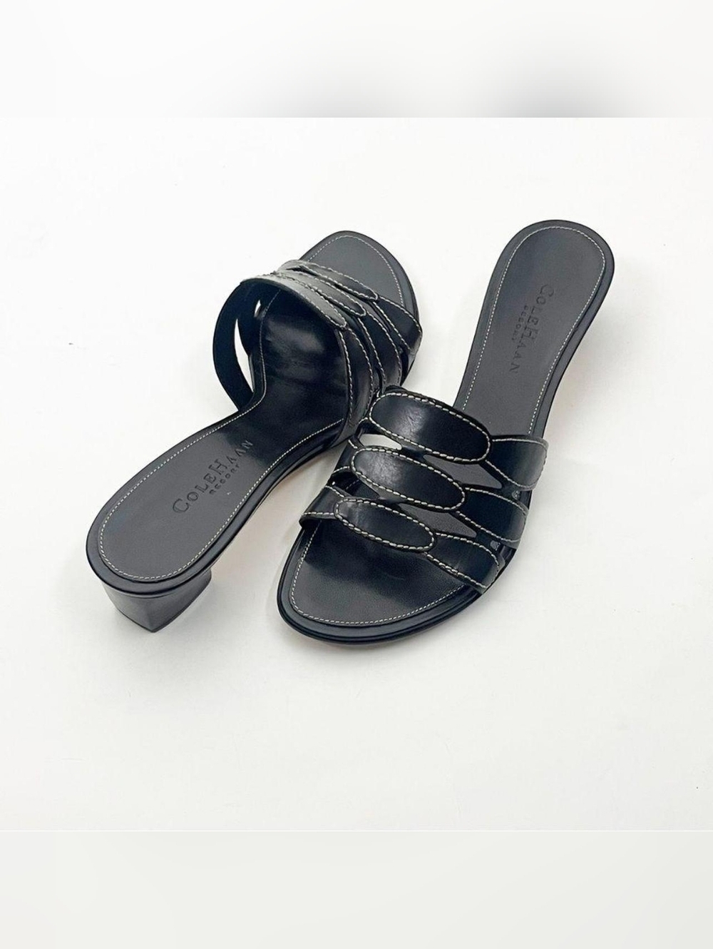 Cole Haan Estrella Black Leather Open Toe Slip On Mules Sandals